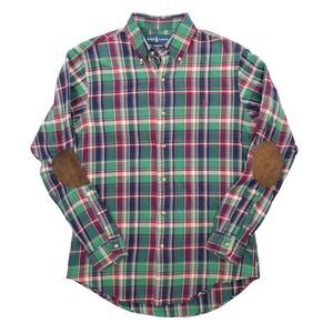Ralph Lauren Shirt Men Small Custom Fit Madras Plaid Elbow Patches Button Down